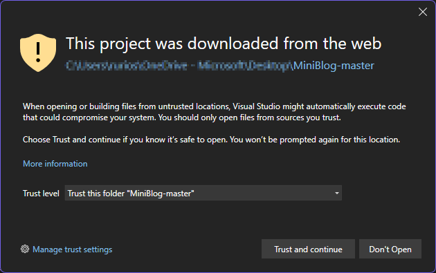 Percayai peringatan risiko keamanan membuka unduhan web di dalam Visual Studio