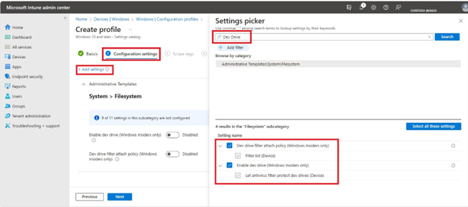 Cuplikan layar pemilih Pengaturan pusat admin Microsoft Intune dengan hasil Dev Drive