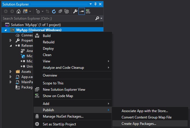 Context menu with navigation to Create App Packages