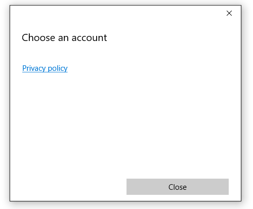 Cuplikan layar jendela Pilih akun tanpa akun yang tercantum dan tautan ke Kebijakan privasi.