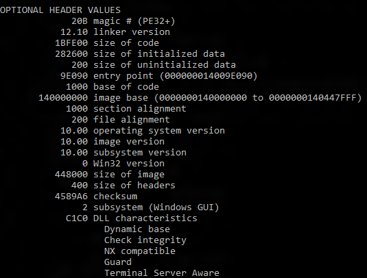 Cuplikan layar output dari dumpbin /headers