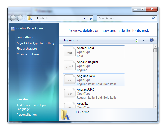 cuplikan layar memperlihatkan panel kontrol font di windows 7