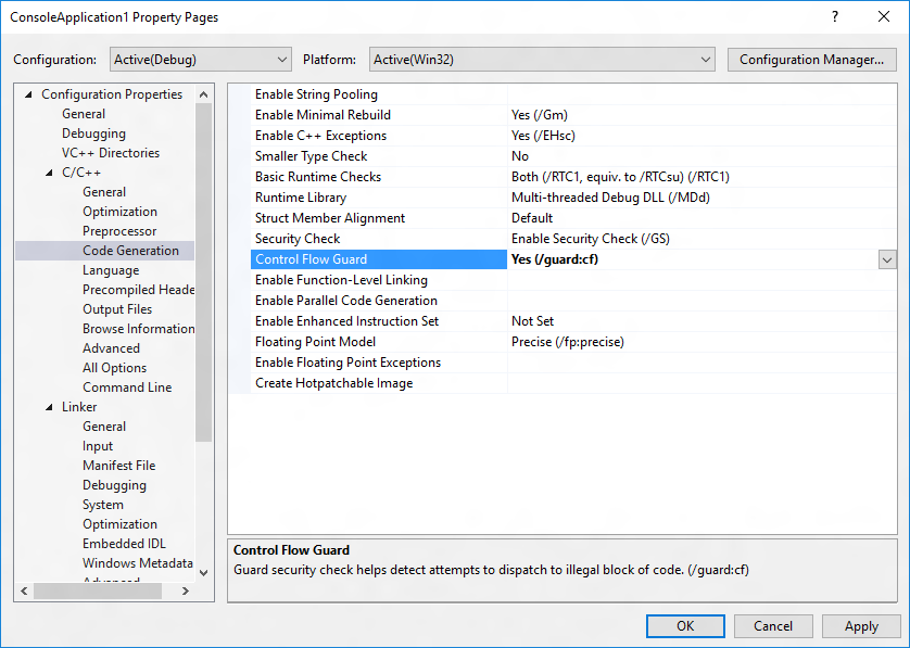 Cuplikan layar properti Control Flow Guard dalam konfigurasi build Generasi Kode Visual Studio.