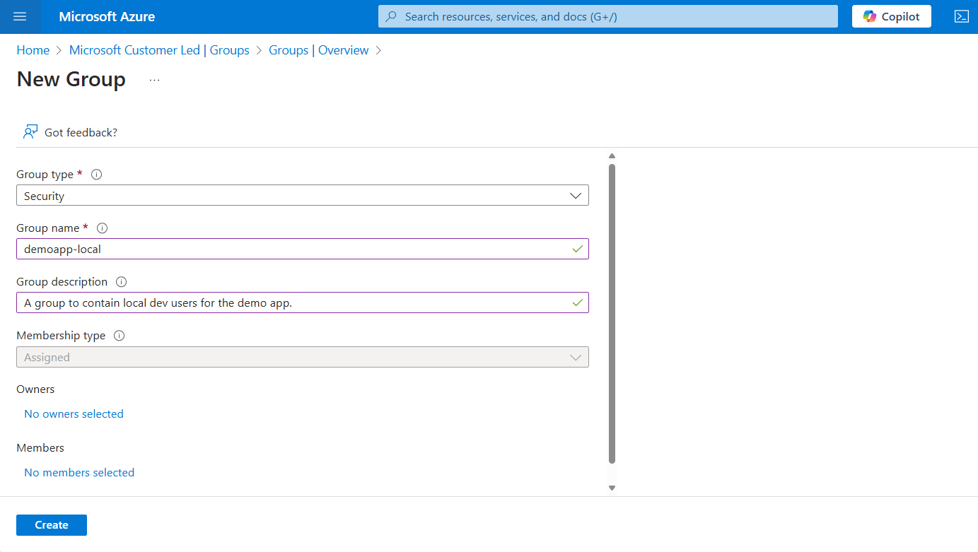 A screenshot showing how to create a group in the Azure portal.