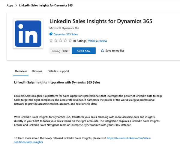 Screenshot of the LinkedIn Sales Insights for Dynamics 365 AppSource page.