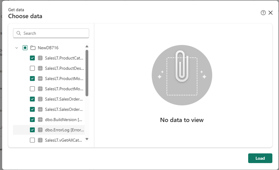 Screenshot from the Fabric portal showing the Choose data screen.