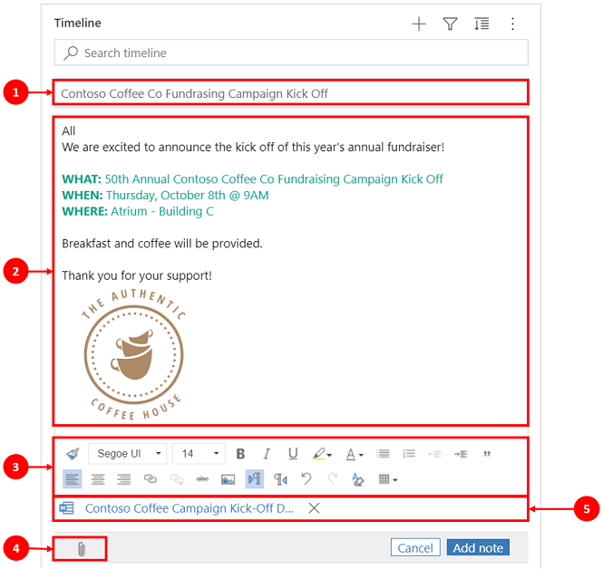 Timeline notes rich text editor.