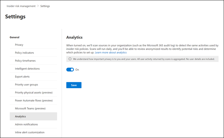 Insider risk management analytics settings