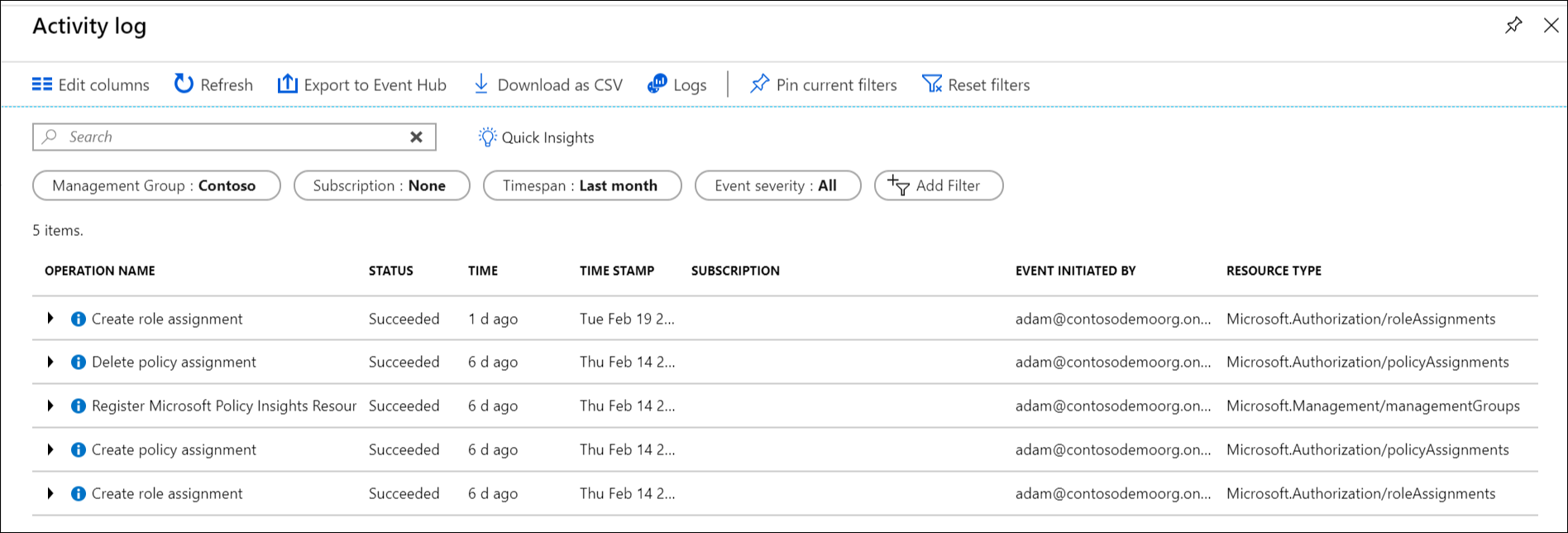 Screenshot dei log attività e delle operazioni correlate a un gruppo di gestione selezionato.