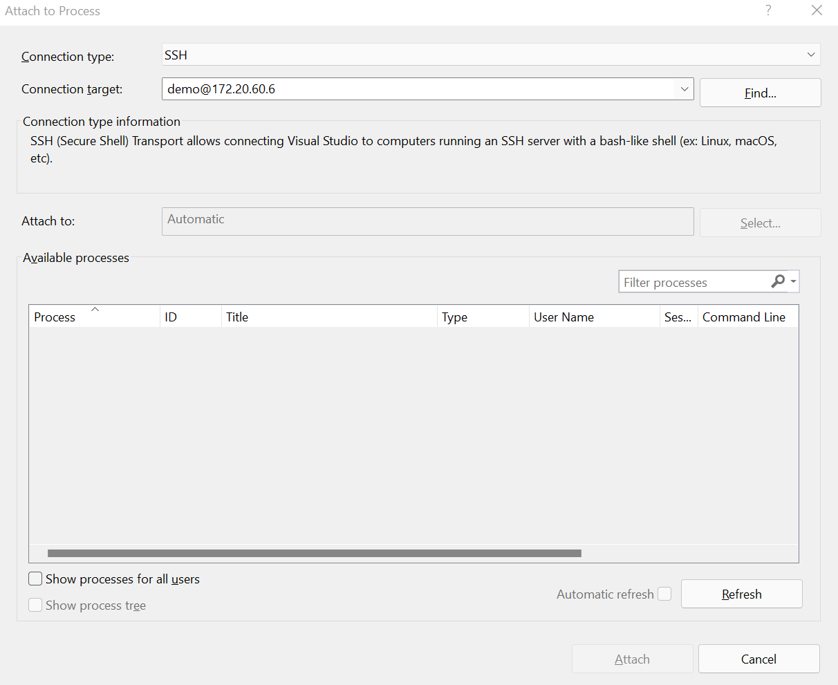 Screenshot del menu Collega al processo in Visual Studio.