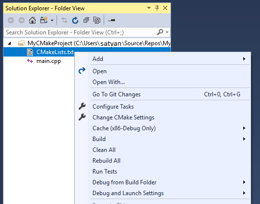 Screenshot dell'Esplora soluzioni di Visual Studio dopo aver fatto clic con pulsante destro del mouse su CMakeLists.txt.