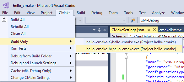 Screenshot del menu principale di Visual Studio, aperto su Solo CMake Build >.