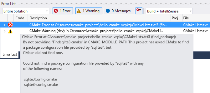 Screenshot di un errore di CMake nell'elenco degli errori di Visual Studio.