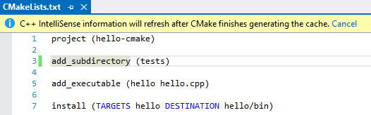 Screenshot di un file CMakeLists.txt in fase di modifica in Visual Studio.