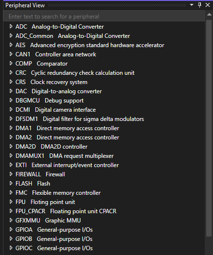 Screenshot della visualizzazione periferiche in Visual Studio.