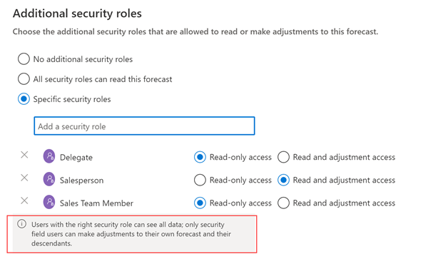 Screenshot del passaggio Autorizzazioni della pagina di configurazione Previsione, con ruoli di sicurezza aggiuntivi definiti.