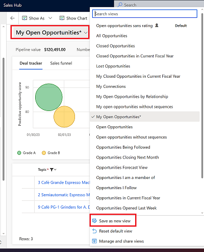 Screenshot di Salva come nuova opzione nell'elenco delle visualizzazioni.