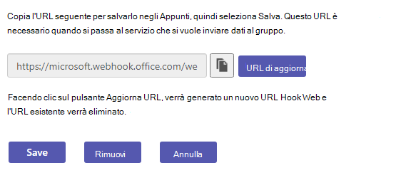 Screenshot che mostra l'opzione per aggiornare un URL webhook.