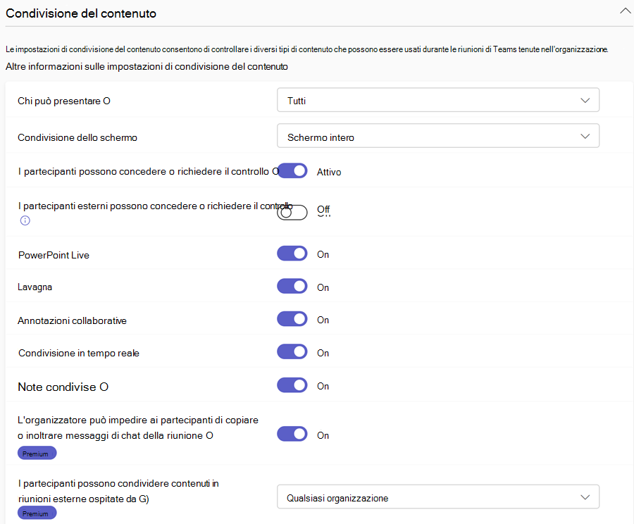 Screenshot dei criteri di condivisione del contenuto delle riunioni di Teams nell'interfaccia di amministrazione di Teams.