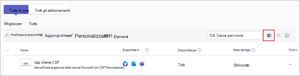 Screenshot che mostra l'opzione per esportare il catalogo app come file CSV.