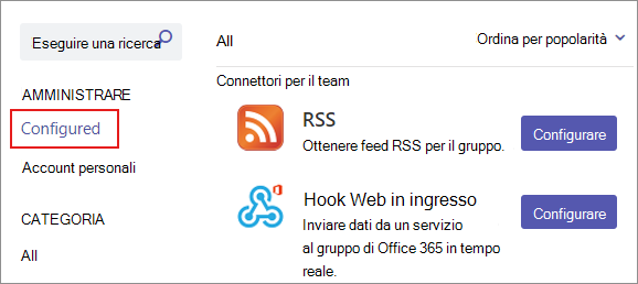 Screenshot che mostra la sezione configurata per le connessioni dei connettori esistenti in un team.