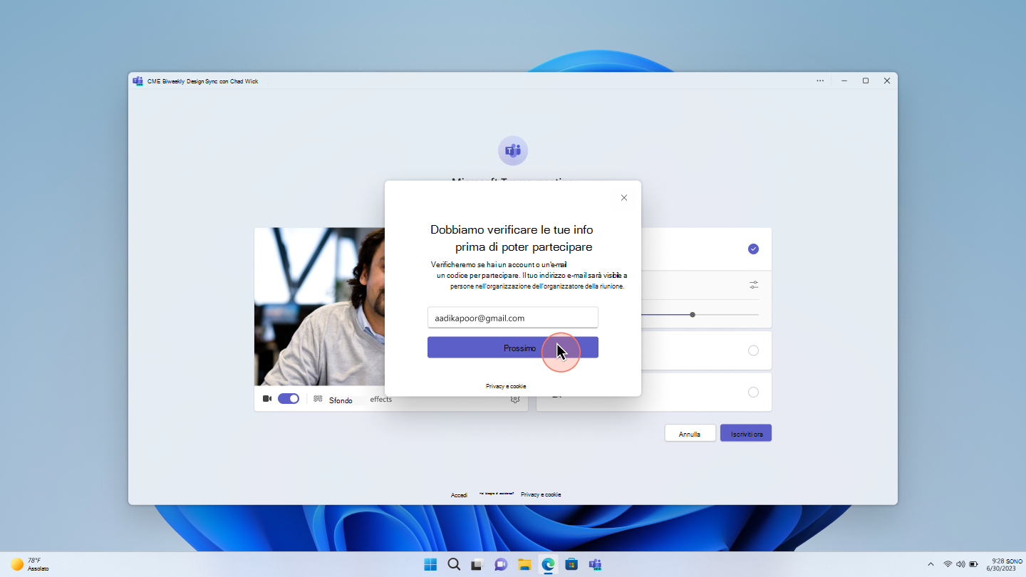 Screenshot di un utente anonimo che immette il proprio messaggio di posta elettronica nella schermata di prejoin per verificare l'identità per partecipare a una riunione