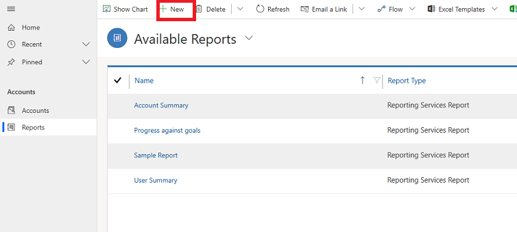 Creare un nuovo report.