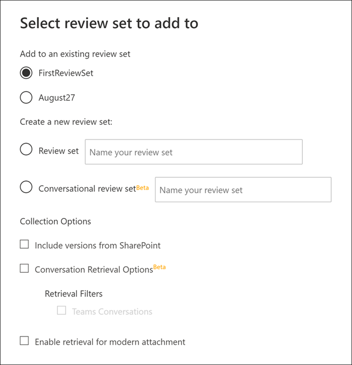 Selezionare un set di revisione e configurare le opzioni di raccolta.