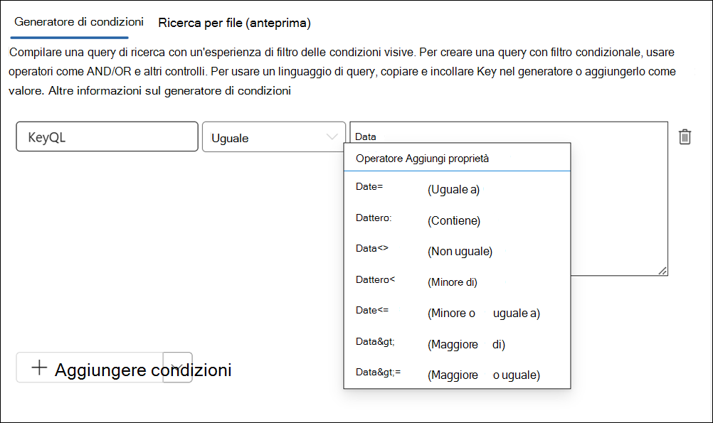 L'editor KeyQL suggerisce gli operatori.