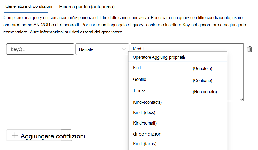 L'editor KeyQL suggerisce i valori per alcune proprietà.