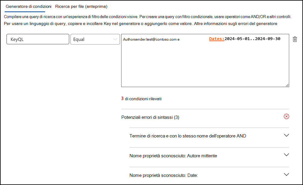 Rilevamento degli errori dell'editor KeyQL.