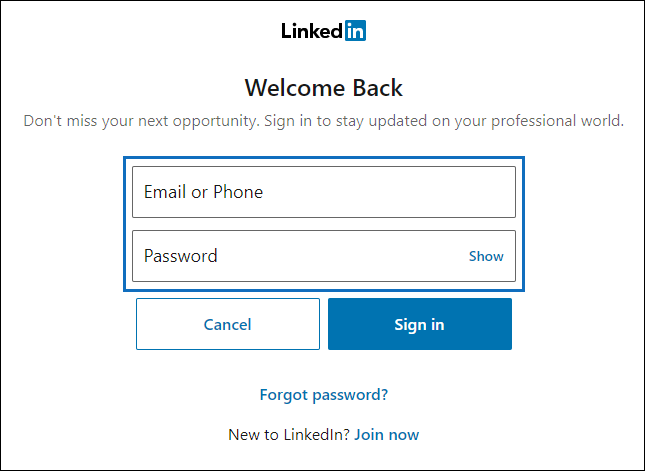 Pagina di accesso di LinkedIn.