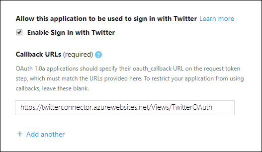 Consenti all'app connettore di accedere a Twitter e aggiungere l'URI di reindirizzamento OAuth.