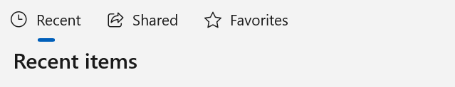 Barra selettore con nodi Recenti, Condivisi, Preferiti. Il nodo Recenti è selezionato, come indicato da una linea blu sotto il testo.