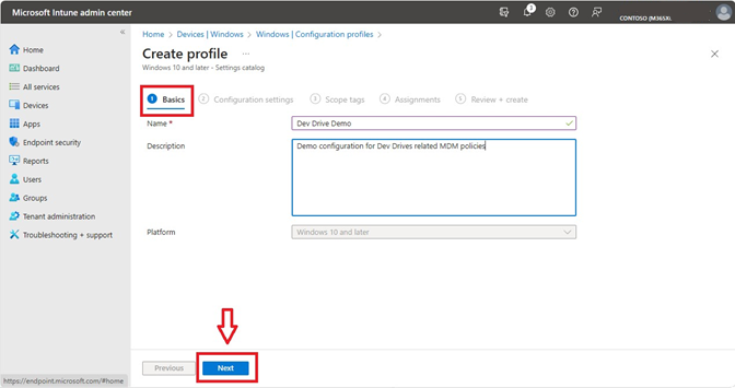 Screenshot di Microsoft Intune che crea un profilo di configurazione