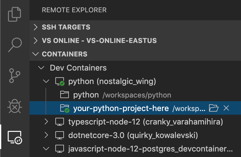 Screenshot del menu dei contenitori di VS Code