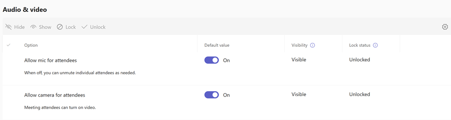 di amministrazione di Teams Screenshot dei criteri audio e video di Teams per i modelli di riunione nell'interfaccia di amministrazione di Teams.