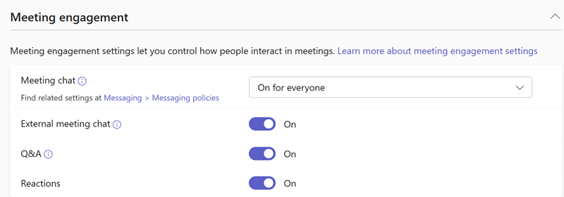 Screenshot dei criteri di coinvolgimento delle riunioni di Teams nell'interfaccia di amministrazione di Teams.
