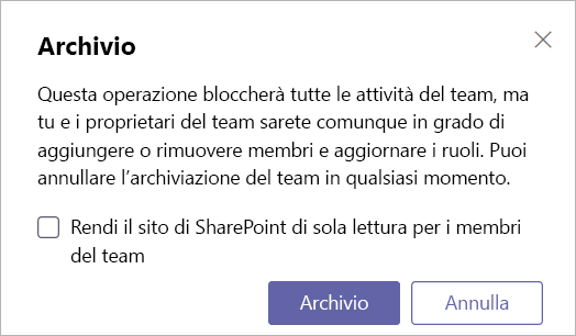 Screenshot del messaggio di archiviazione di Teams.