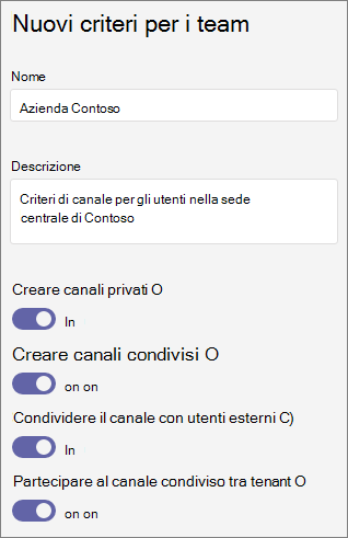 Screenshot delle impostazioni dei criteri dei team.