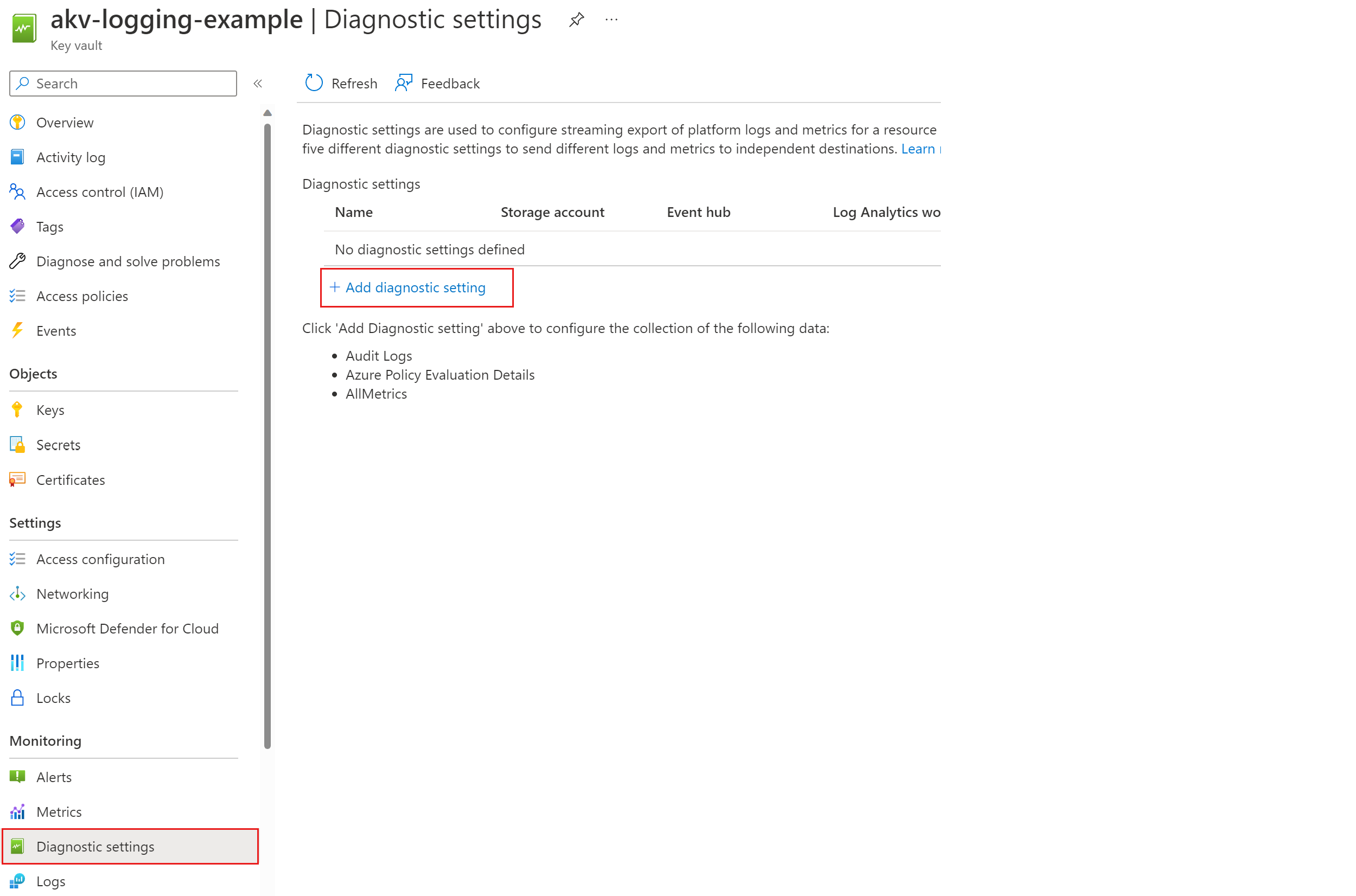 Screenshot that shows how to select diagnostic settings.