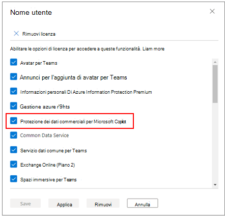 Applicare la protezione dei dati commerciale per Microsoft Copilot elemento di licenza.