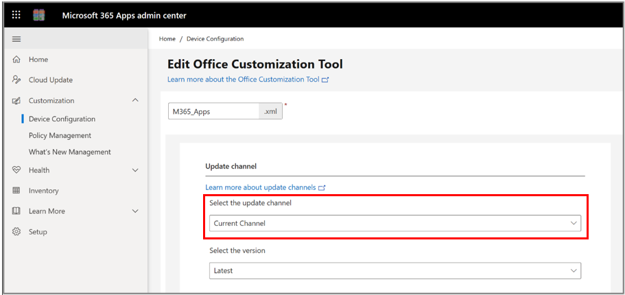 Configurazione dello strumento di personalizzazione di Office per Il canale di aggiornamento.