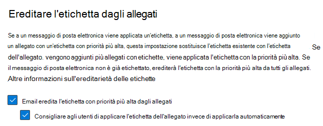 Ereditarietà delle etichette per le opzioni di posta elettronica.