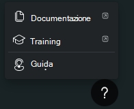 Screenshot che mostra le opzioni di menu dell'icona della Guida, tra cui documentazione, formazione e supporto.