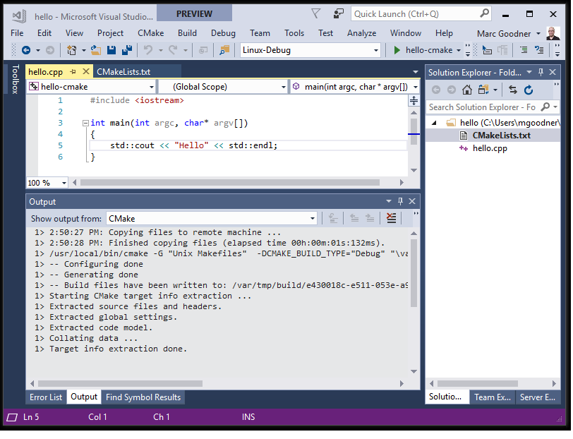 Screenshot di Visual Studio che mostra l'output di Genera cache CMake in Linux.