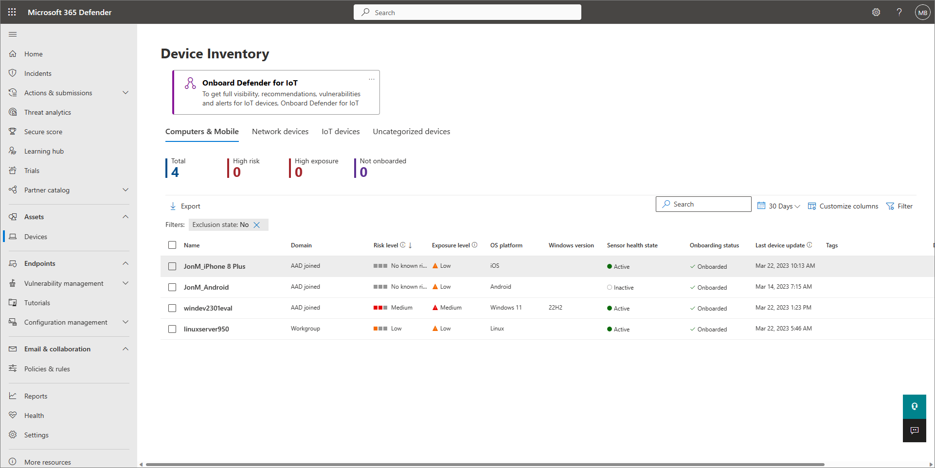 Screenshot del report sull'inventario dei dispositivi in Defender per le aziende.