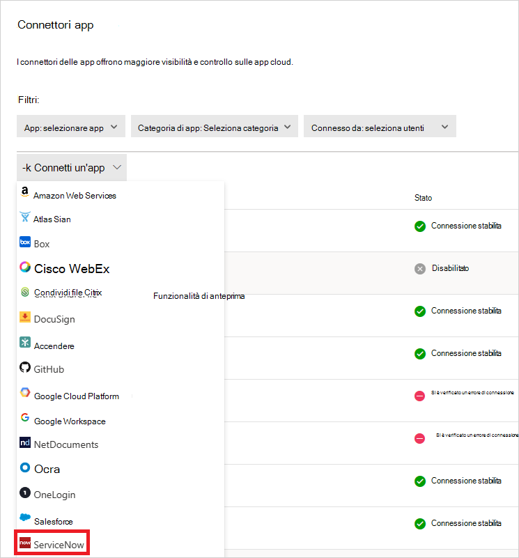 connettere ServiceNow.