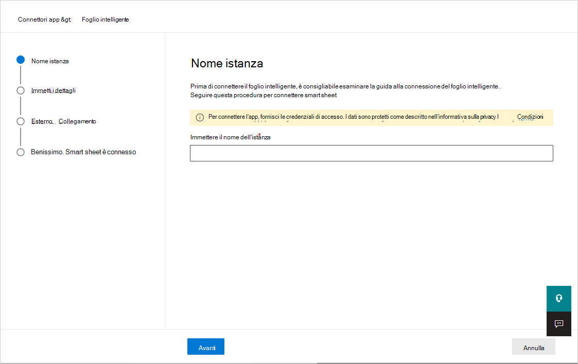 Screenshot che mostra il pulsante Connetti smartsheet.