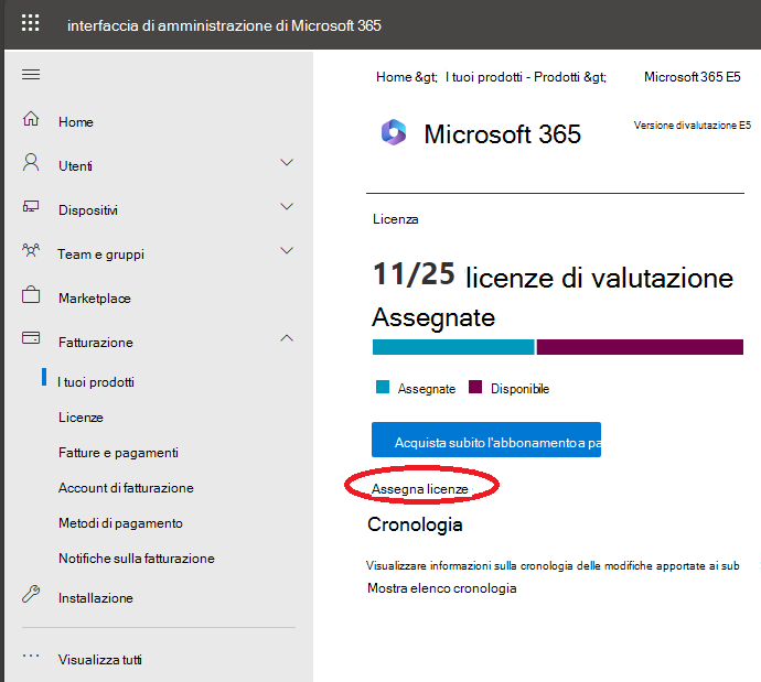 Screenshot della pagina del prodotto da cui è possibile selezionare il collegamento Assegna licenze.